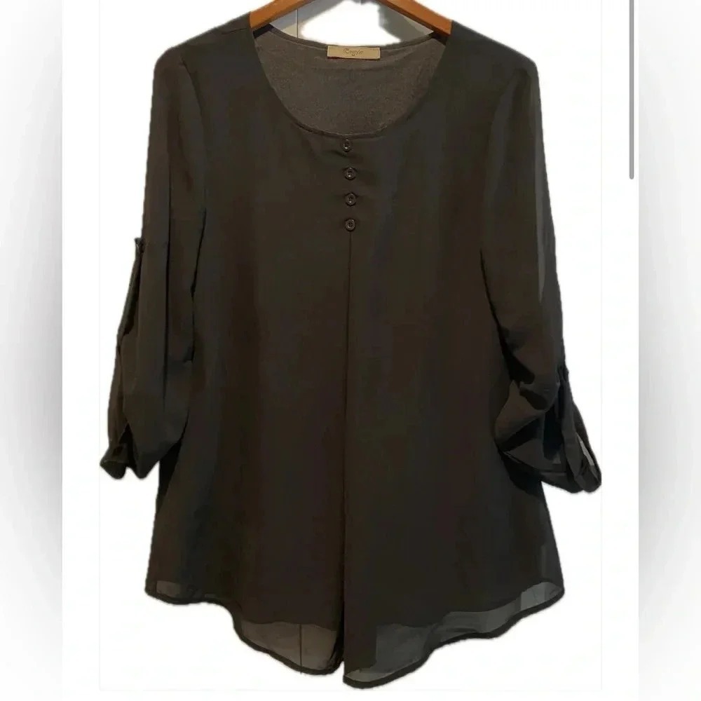 Cestyle Layered Black Flowy Blouse Sheer Sleeves Fold Up Garter EUC Women's M